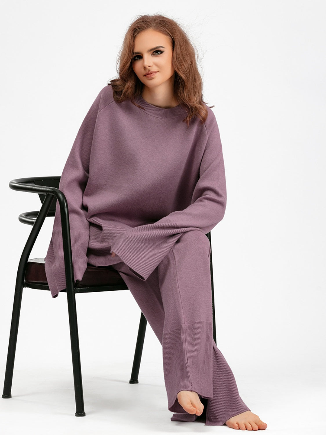 Basic Bae Slit Round Neck Long Sleeve Top and Drawstring Pants Sweater Set